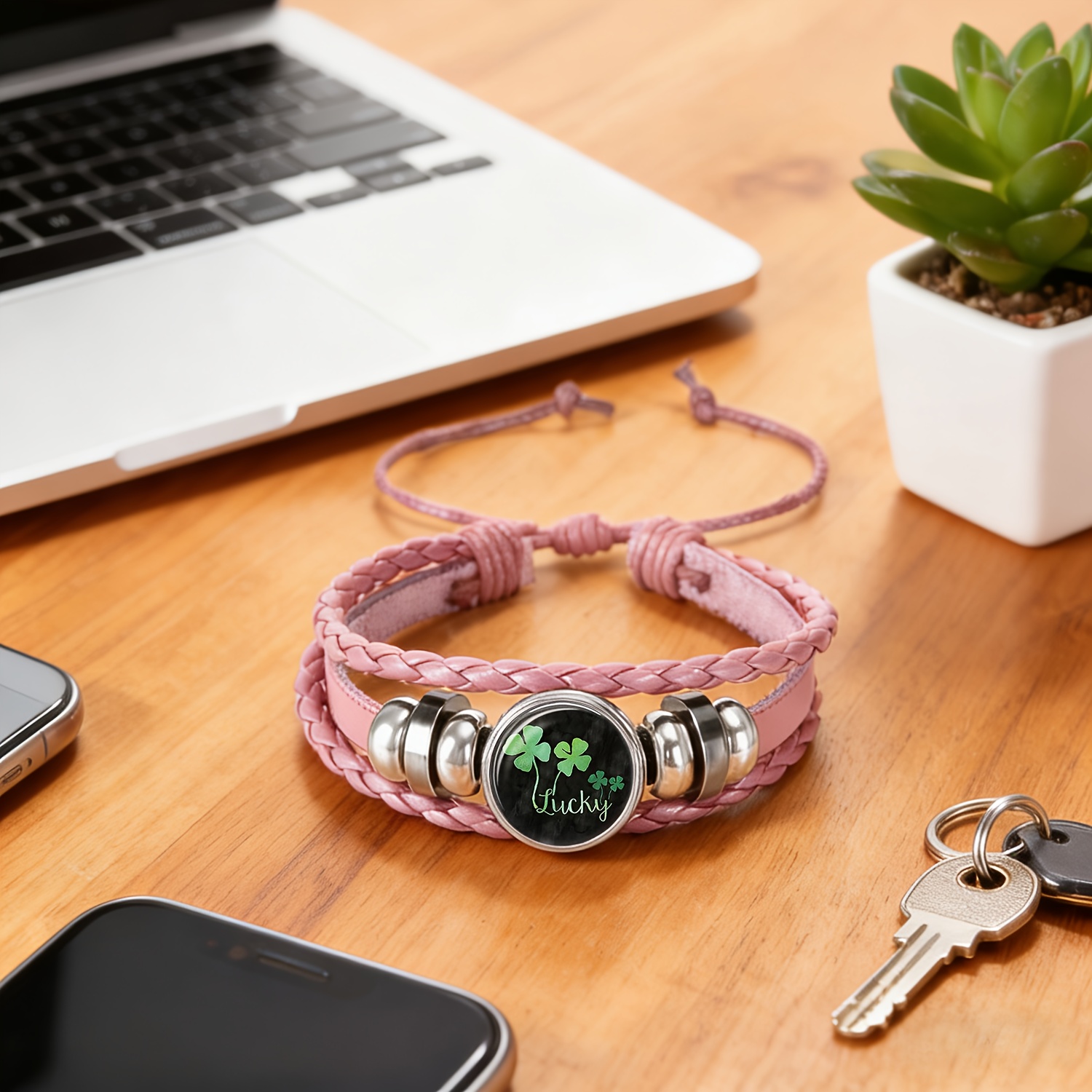 Women's Pink Bracelet with Green Four-Leaf Clover